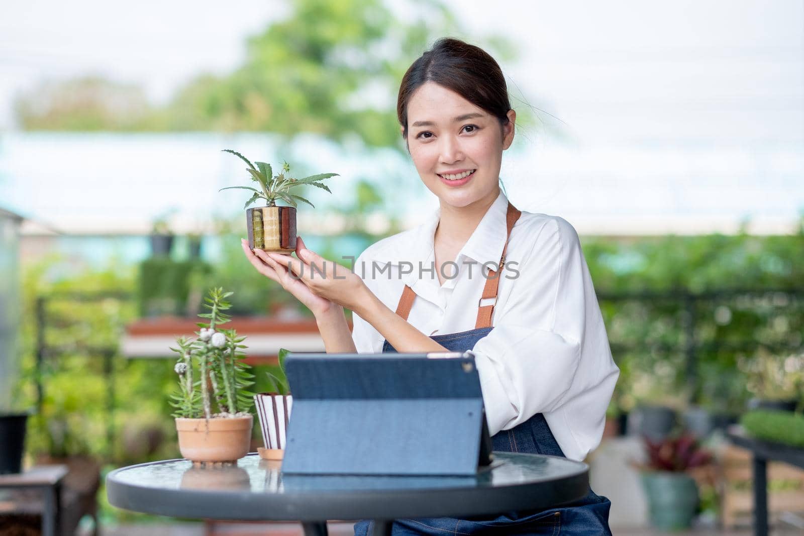 Beautiful Asian girl hold plant product and present to camera with smiling. Sustainable with small business work involve with plant concept.