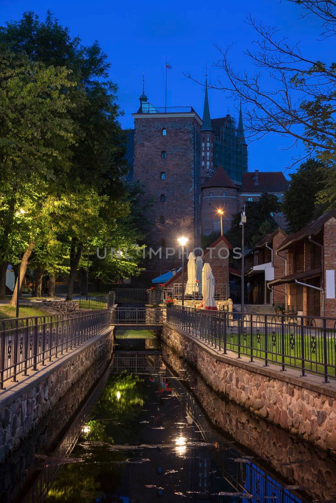 Canal in Frombork and Basilica in the back. Frombork, Warmian-Masurian, Poland.