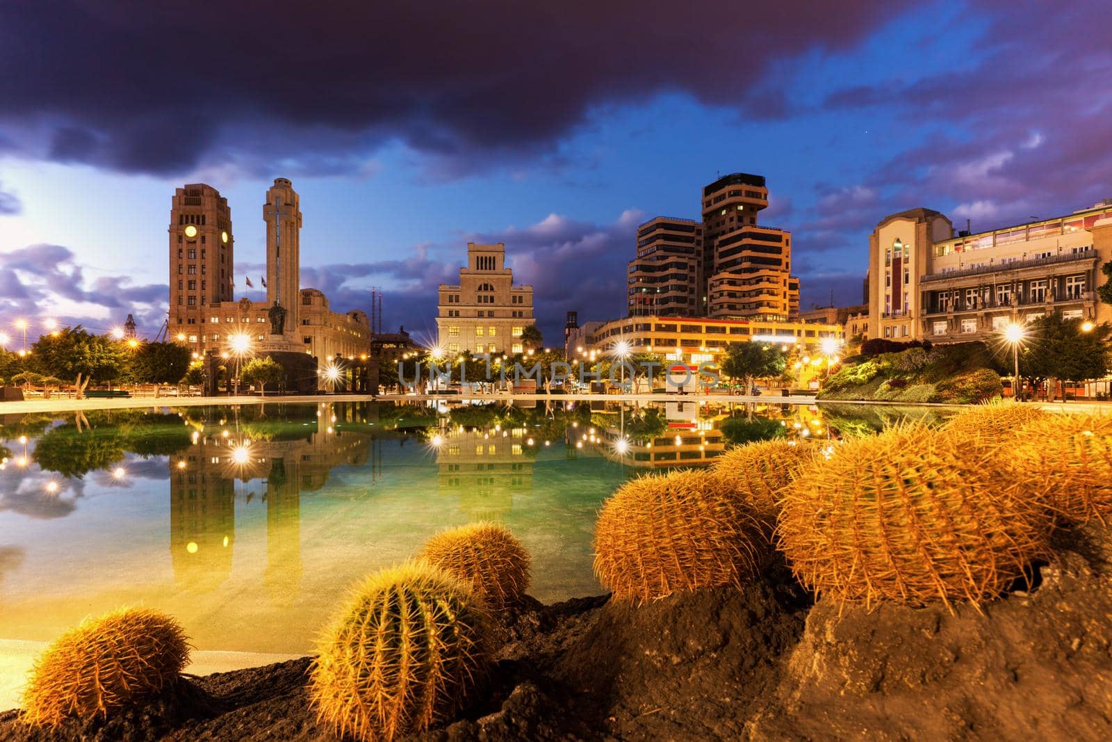 Santa Cruz de Tenerife skyline reflected. Santa Cruz de Tenerife, Tenerife, Canary Islands, Spain.