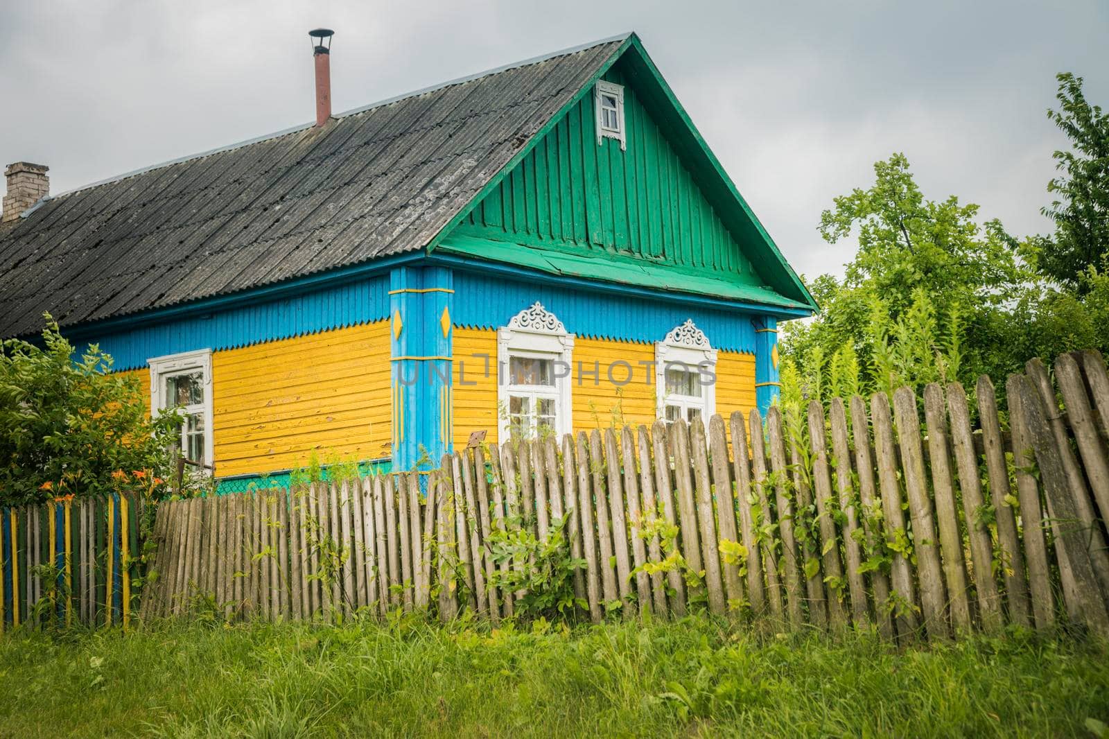 Colorful architecture of rural Belarus. Grodno, Grodno Region, Belarus.