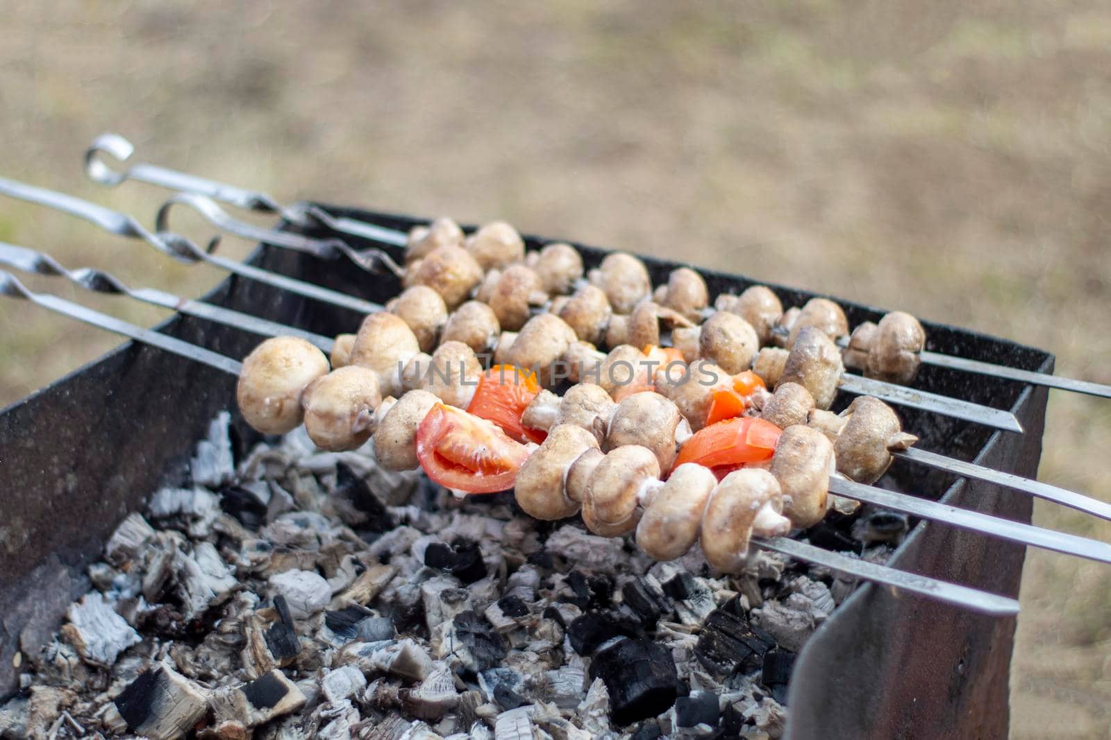 Barbeque. In nature, on the grill, mushrooms in combination with tomatoes.
