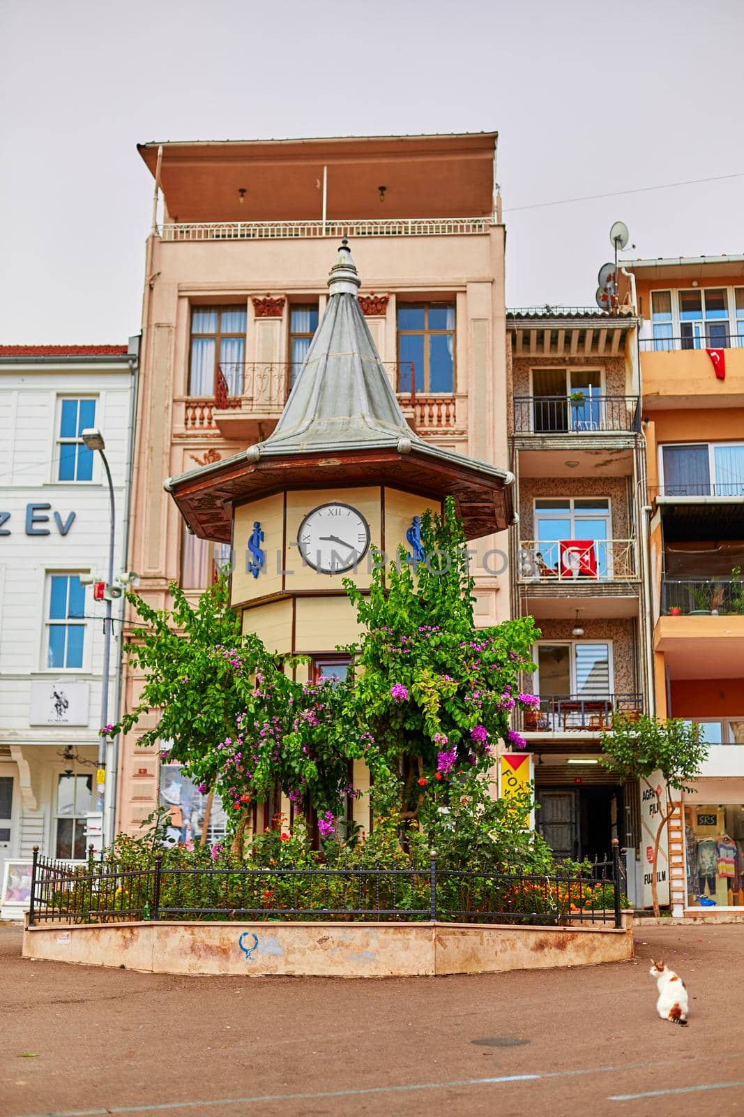 The clock tower in the garden on the island of Buyukada. Istanbul, Turkey - 28.07.2017