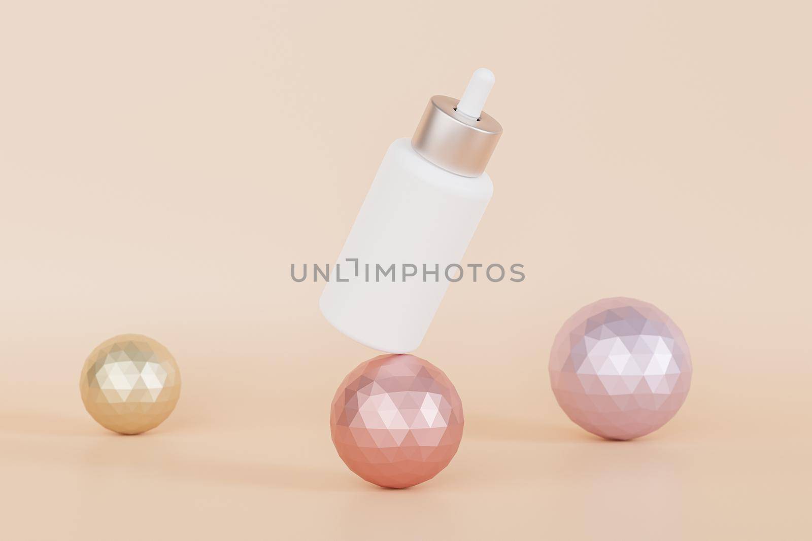 Mockup dropper bottle for cosmetics products or advertising balancing on metallic spheres, 3d illustration render