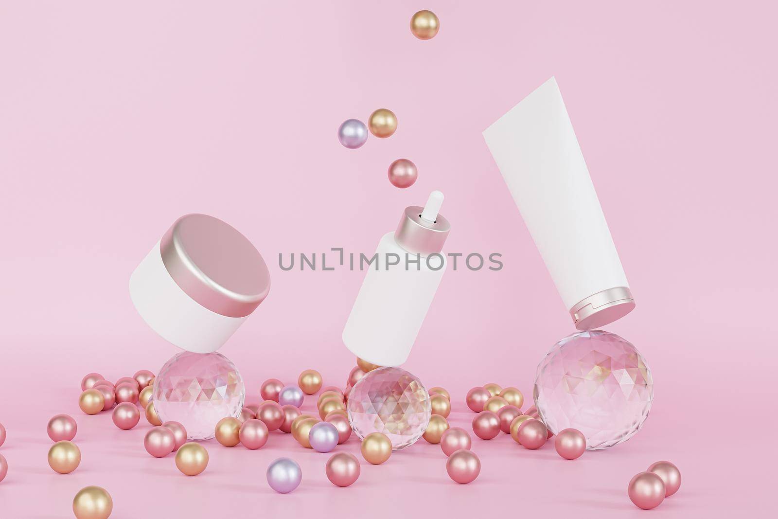 Mockup dropper bottle, lotion tube and cream jar for cosmetics products or advertising balancing on glass spheres, 3d illustration render