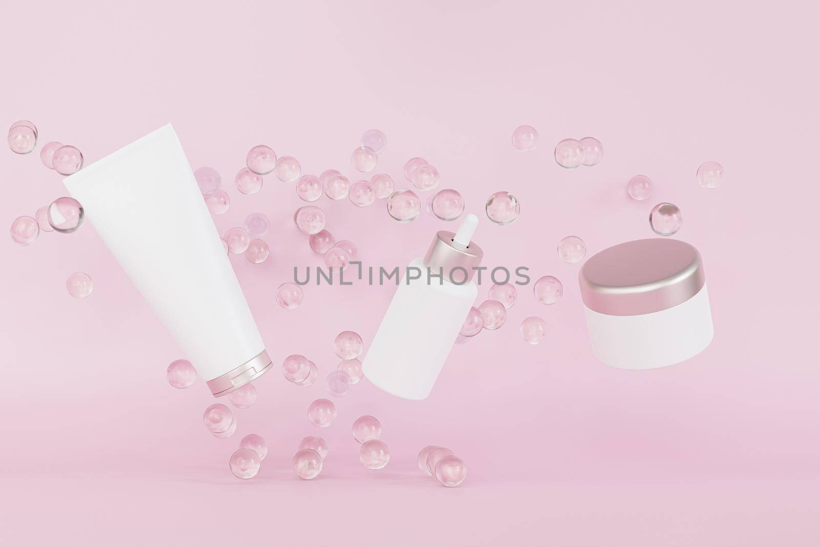 Mockup dropper bottle, lotion tube and cream jar for cosmetics products or advertising soaring or flying, 3d illustration render by Frostroomhead