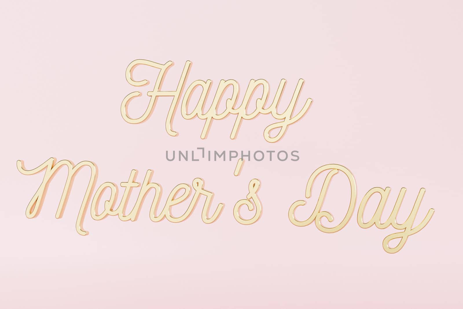 Mother's day greeting card, golden lettering text or calligraphy on pink background, 3d render illustration