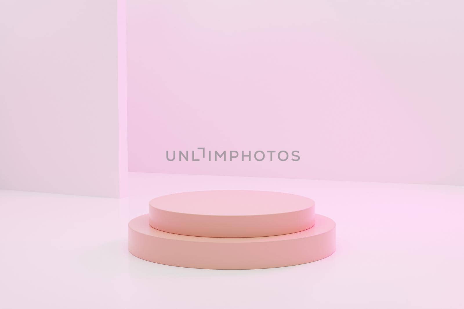 Beige cylinder shaped podium or pedestal for products or advertising on pastel pink background, minimal 3d illustration render