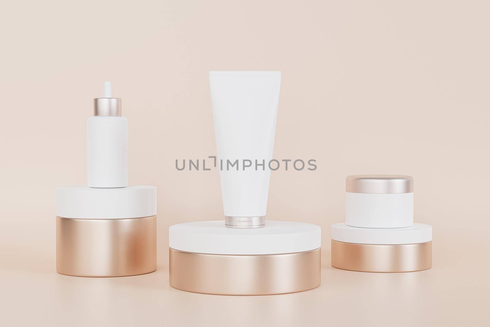 Mockup dropper bottle, lotion tube and cream jar for cosmetics products or advertising on golden podiums, 3d illustration render