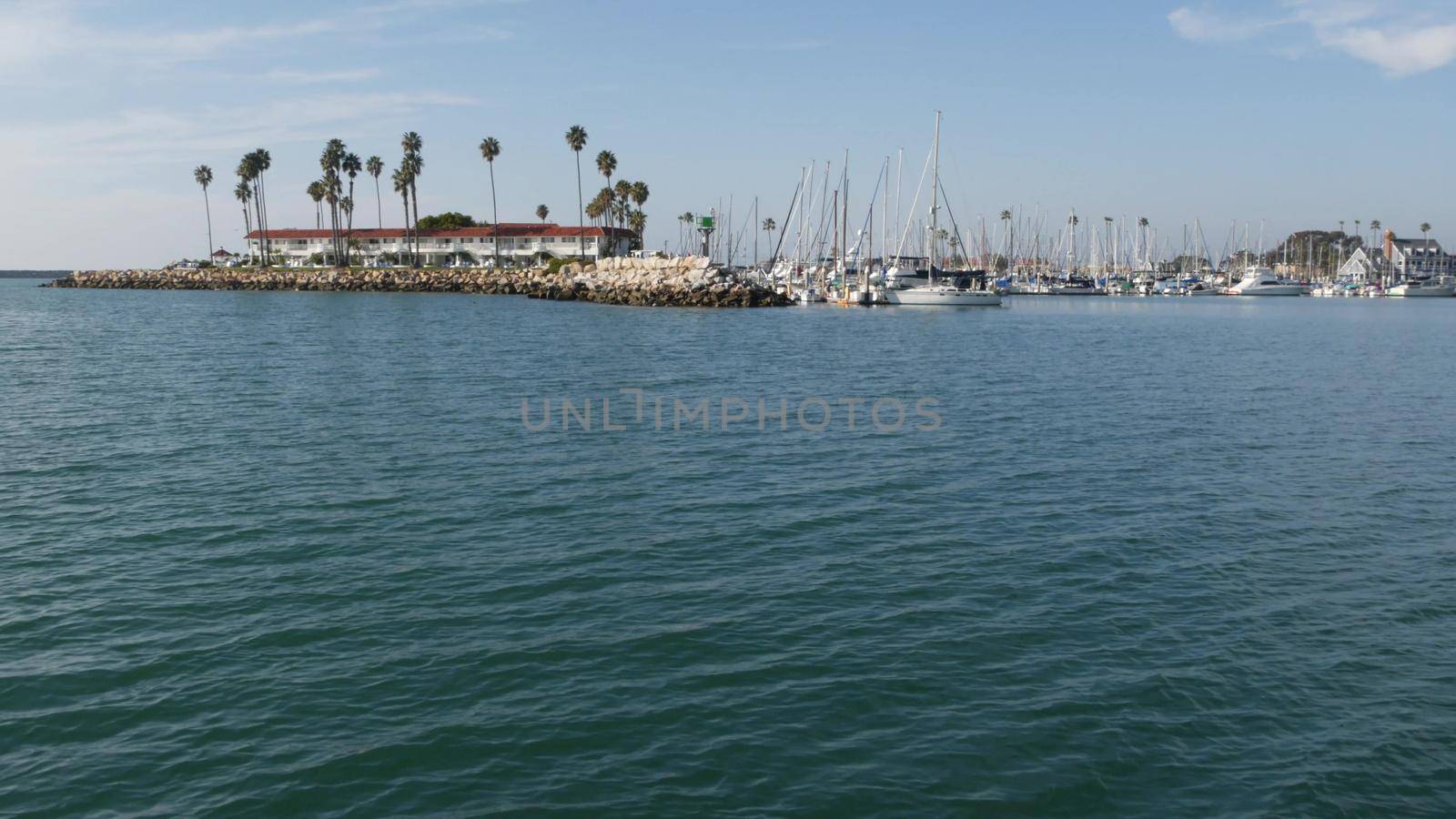 Boat or yacht sailing, Oceanside harbor, summer vacations in California USA. Seascape from sailboat. by DogoraSun