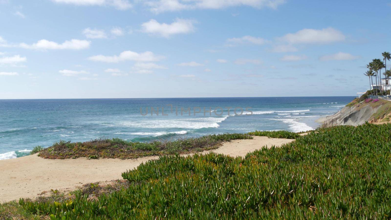 Seascape vista point, viewpoint in Carlsbad, California coast USA. Frome above panoramic ocean tide, blue sea waves, steep eroded cliff. Coastline shoreline overlook. Green ice plant succulent lawn.