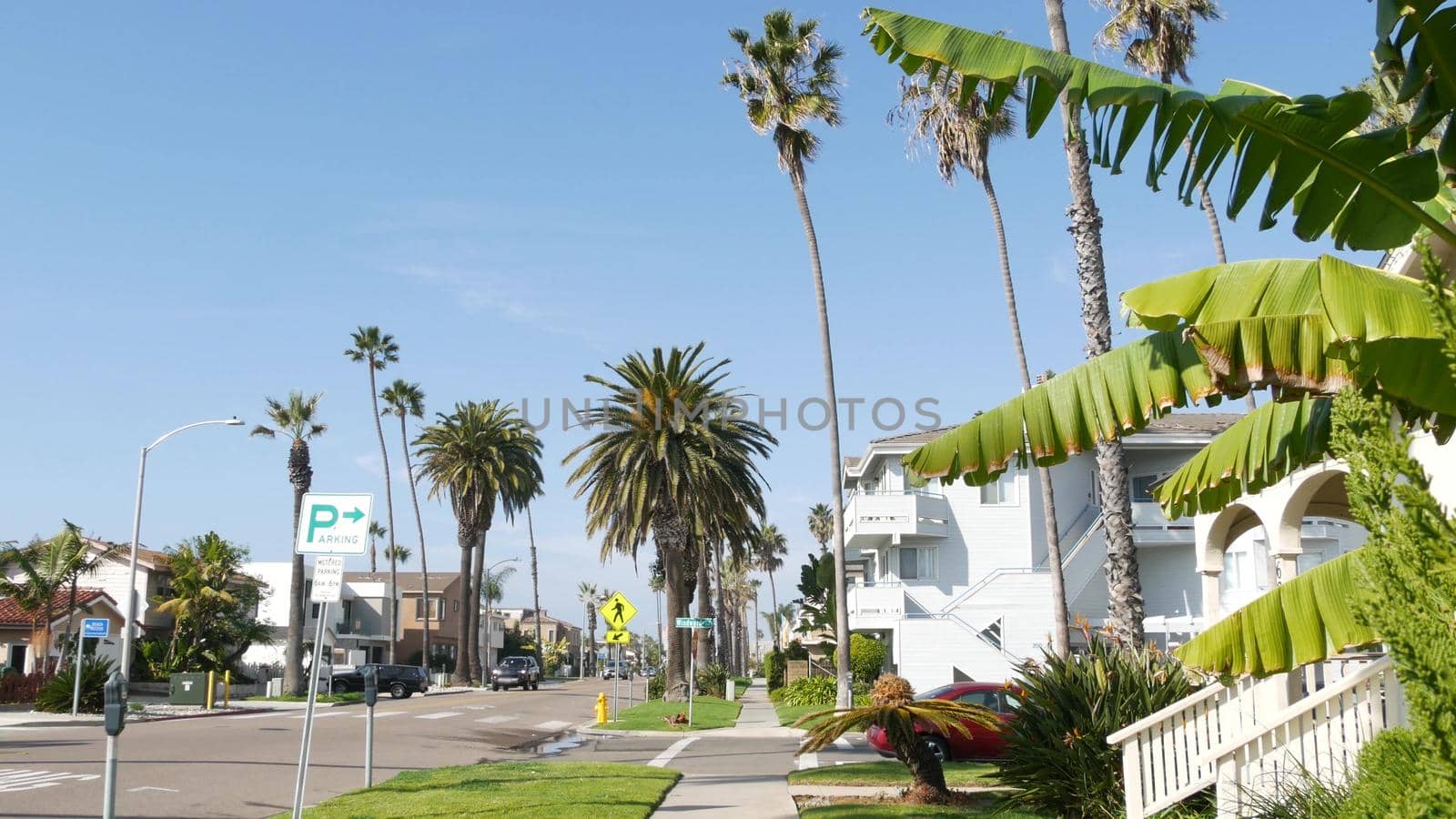 Houses on suburban street in California USA, Oceanside. Generic buildings in residential district near Los Angeles. Real estate property exterior. Tropical gardens, palms near typical american homes.