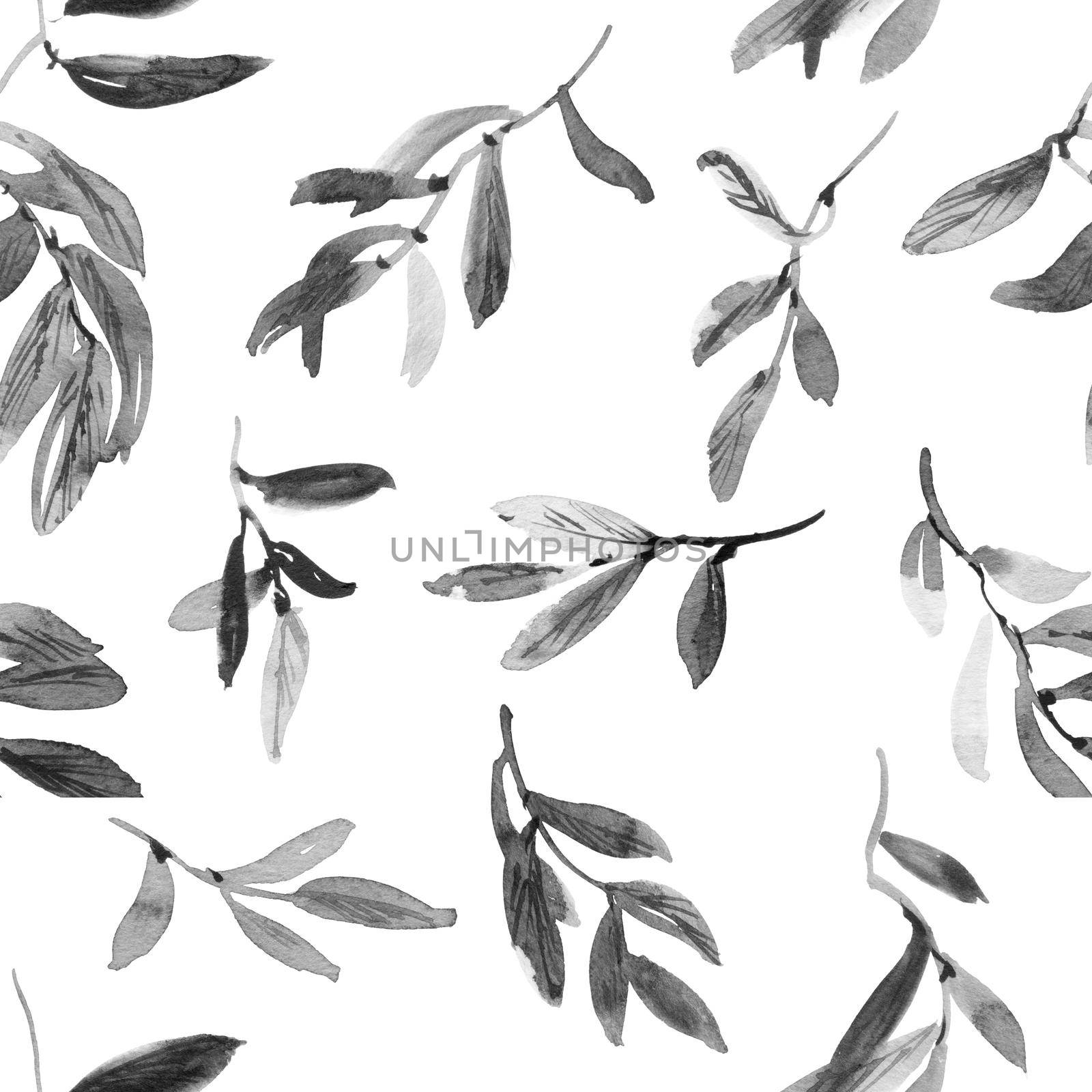 Watercolor and ink illustration of tree leaves - seamless pattern. Oriental traditional painting in style sumi-e, u-sin. Grayscale leaves on white background.