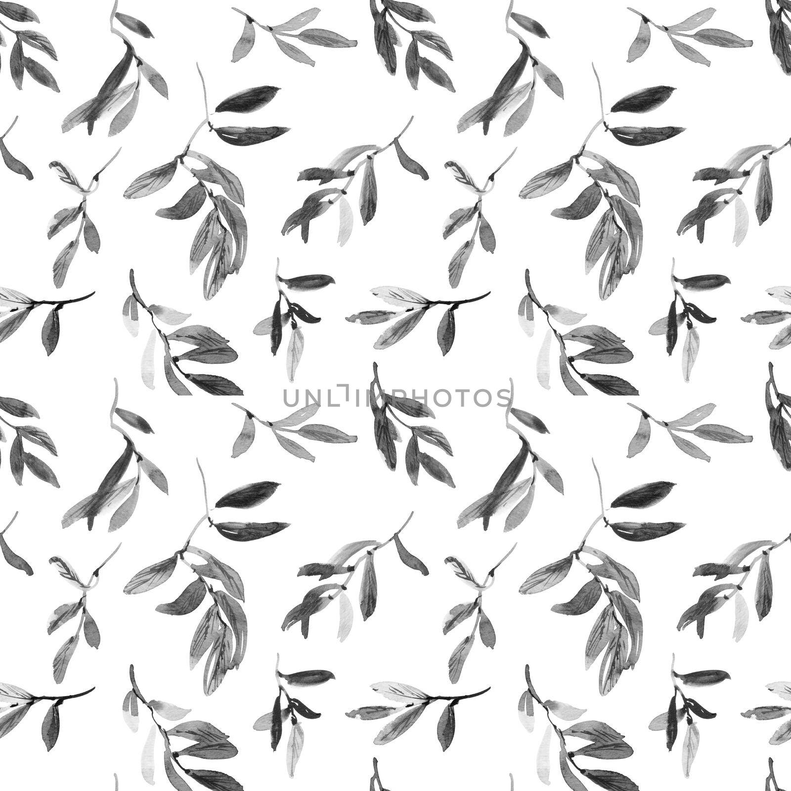 Watercolor and ink illustration of tree leaves - seamless pattern. Oriental traditional painting in style sumi-e, u-sin. Grayscale leaves on white background.