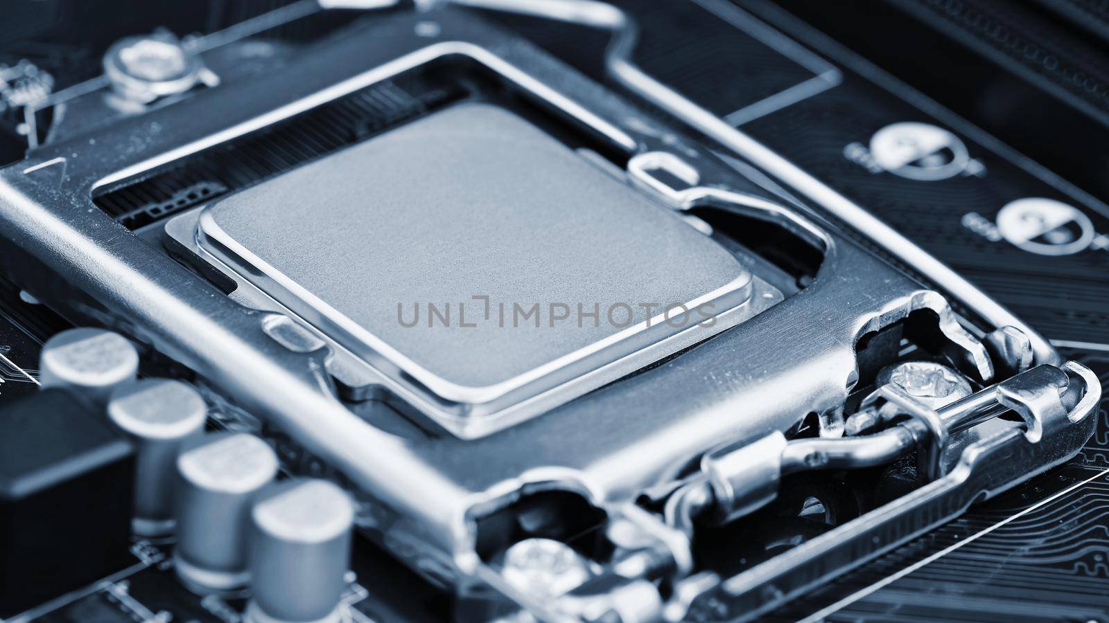 Beautiful technological photo of the processor on the motherboard. Concept for computers and internet. by Montypeter