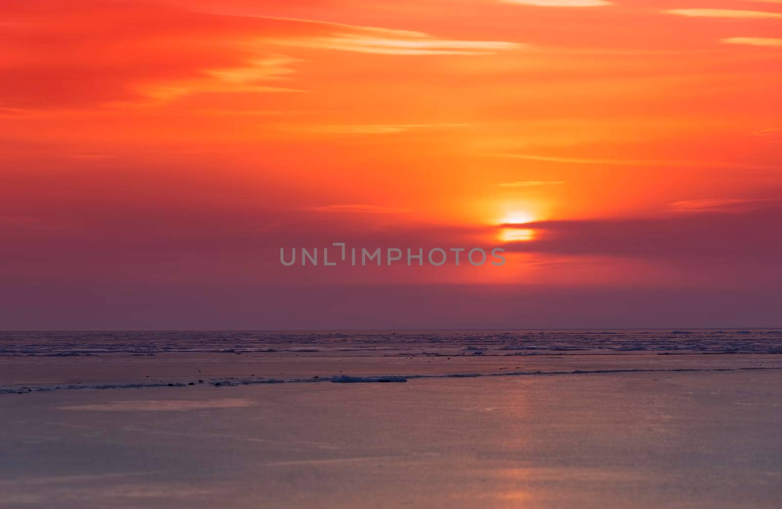 Panorama seascape ice beach. Vladivostok, Primorsky Krai