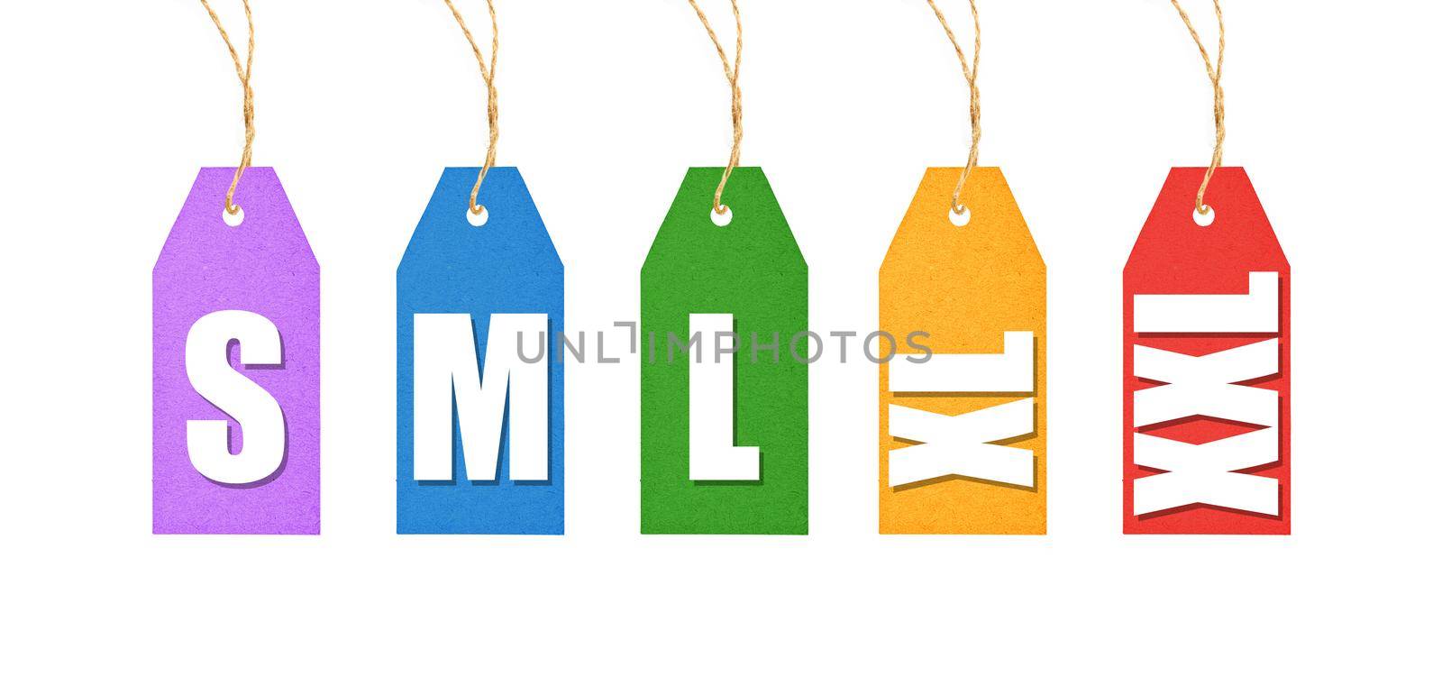 Set of colorful multicolor paper label tags with sizes message, S, M, L, XL, XXL, hanging on twine strings isolated on white background