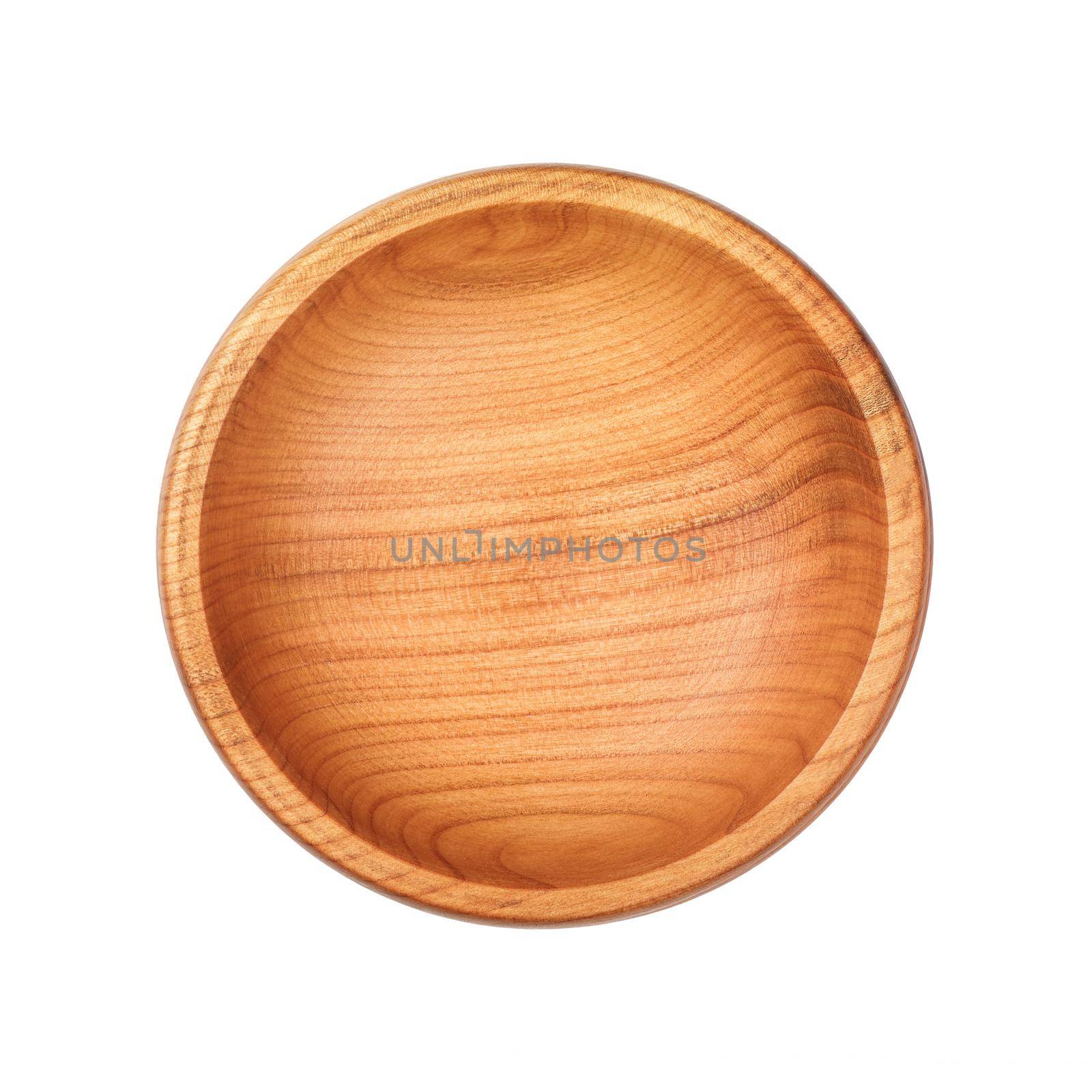Close up of one small empty round shaped brown cherry wood rustic bowl isolated on white background
