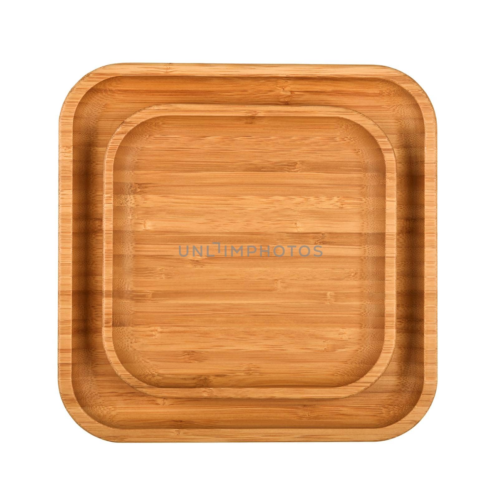 Close up set of two empty brown bamboo wooden plates or food trays isolated on white background, elevated top view, directly above