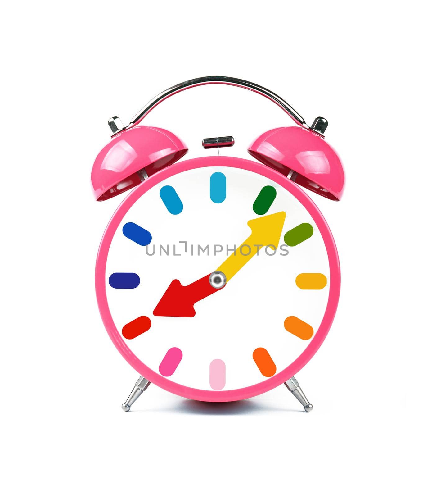 Close up one pink retro alarm clock with twin metal bells isolated on white background, low angle front view