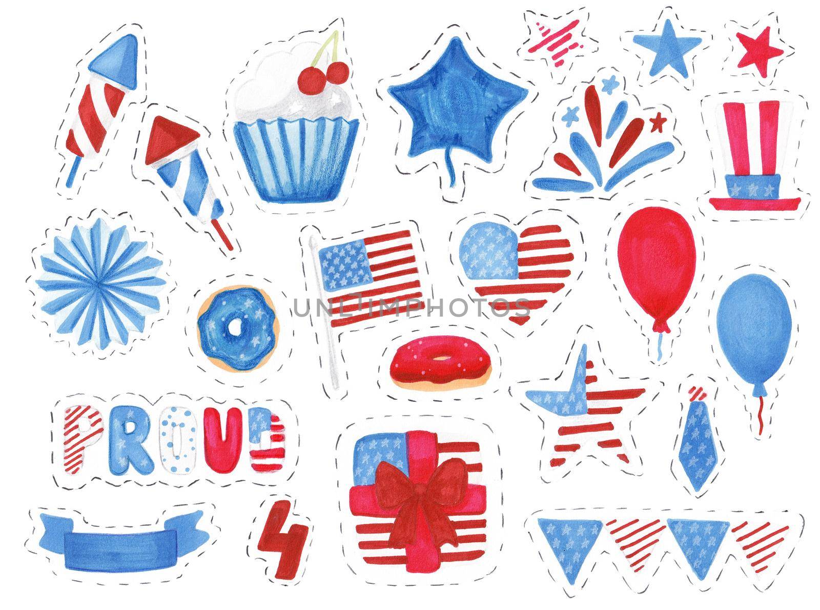 4th July - Independence day of United States of America - festive elements sticker set with different holiday symbols isolated on white background. Hand drawn marker illustration