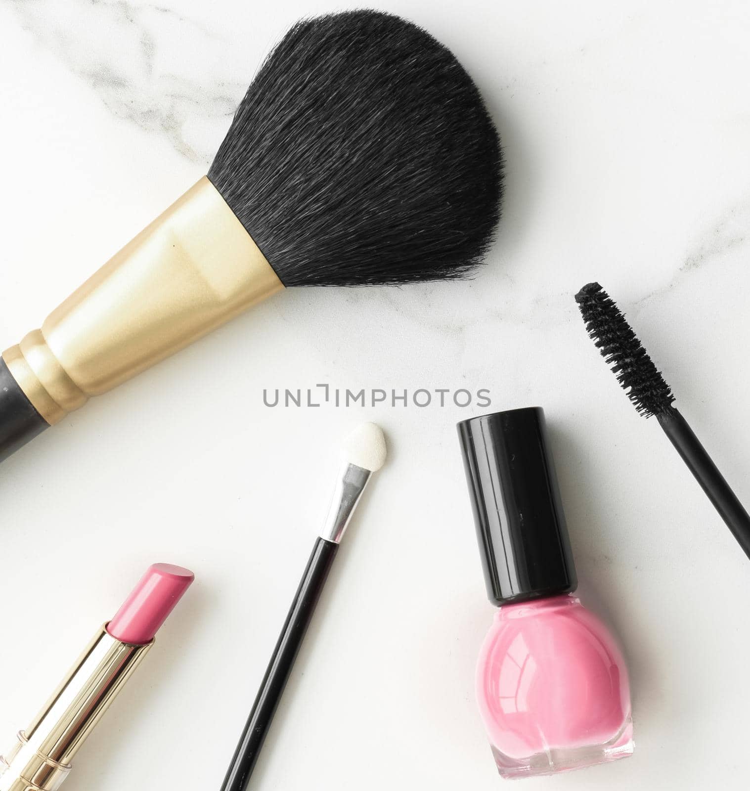 Make-up and cosmetics products on marble, flatlay background - modern feminine lifestyle, beauty blog and fashion inspiration concept