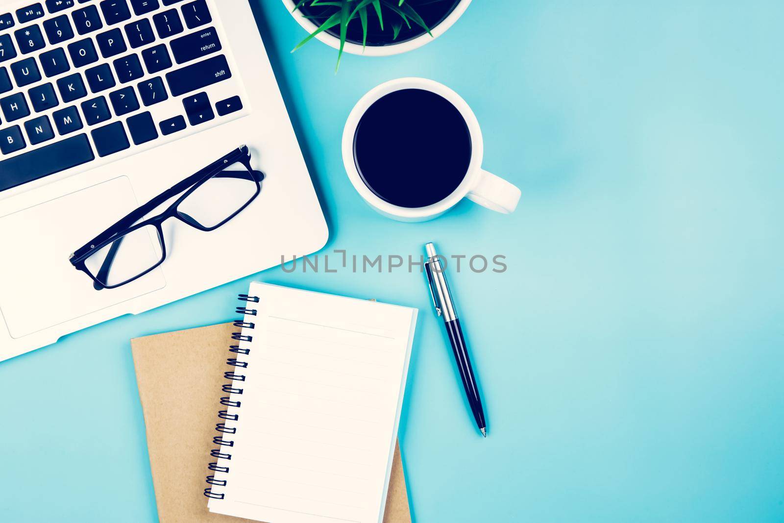 Flat lay of laptop computer and plant and cup of coffee on desk in office, workplace and notebook and glasses and potted tree and book, workspace and copy space, top view, business concept. by nnudoo