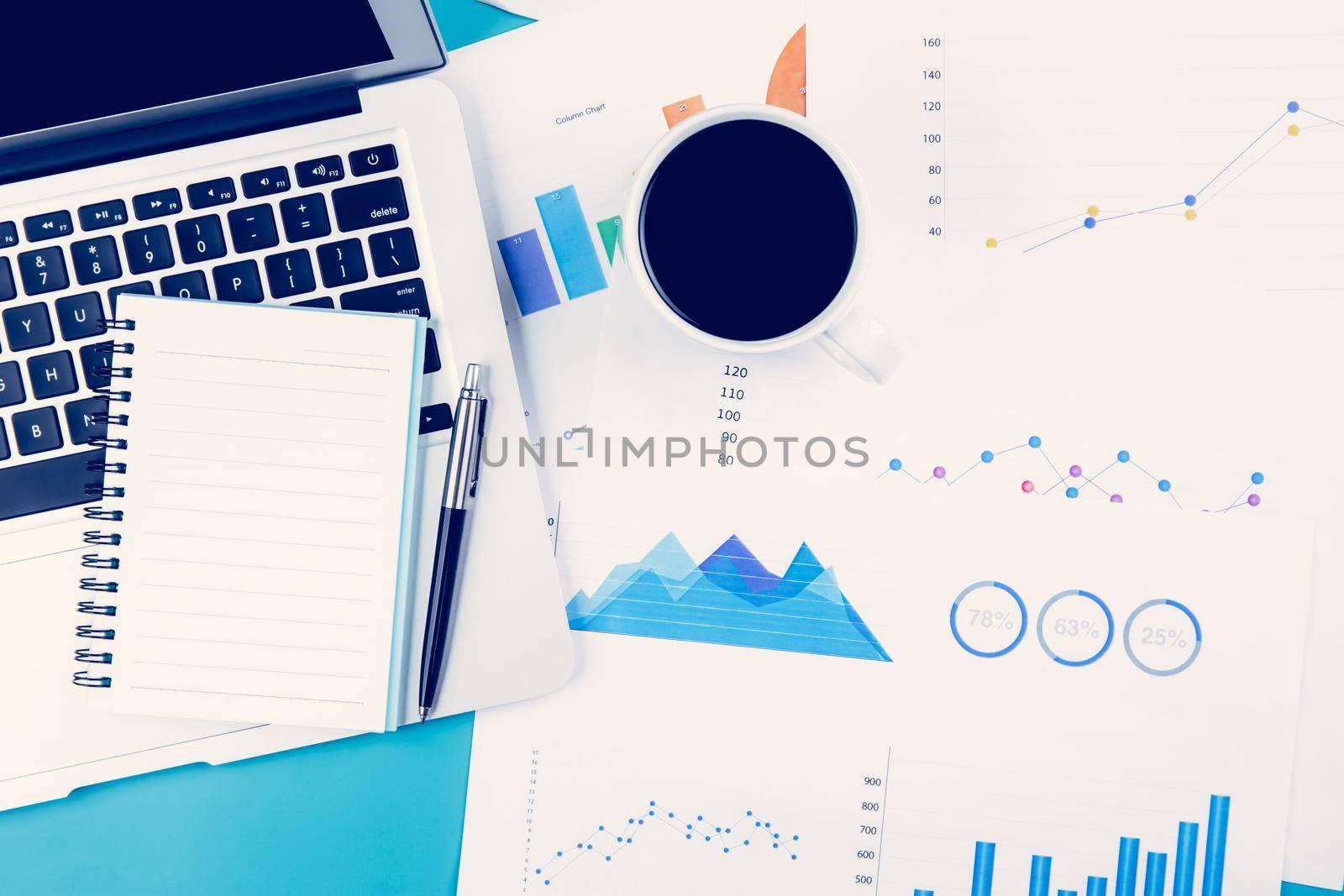 Laptop computer and documents report statistic financial with graph and chart and coffee and book, finance and invest, digital marketing and growth of revenue, business and communication concept.