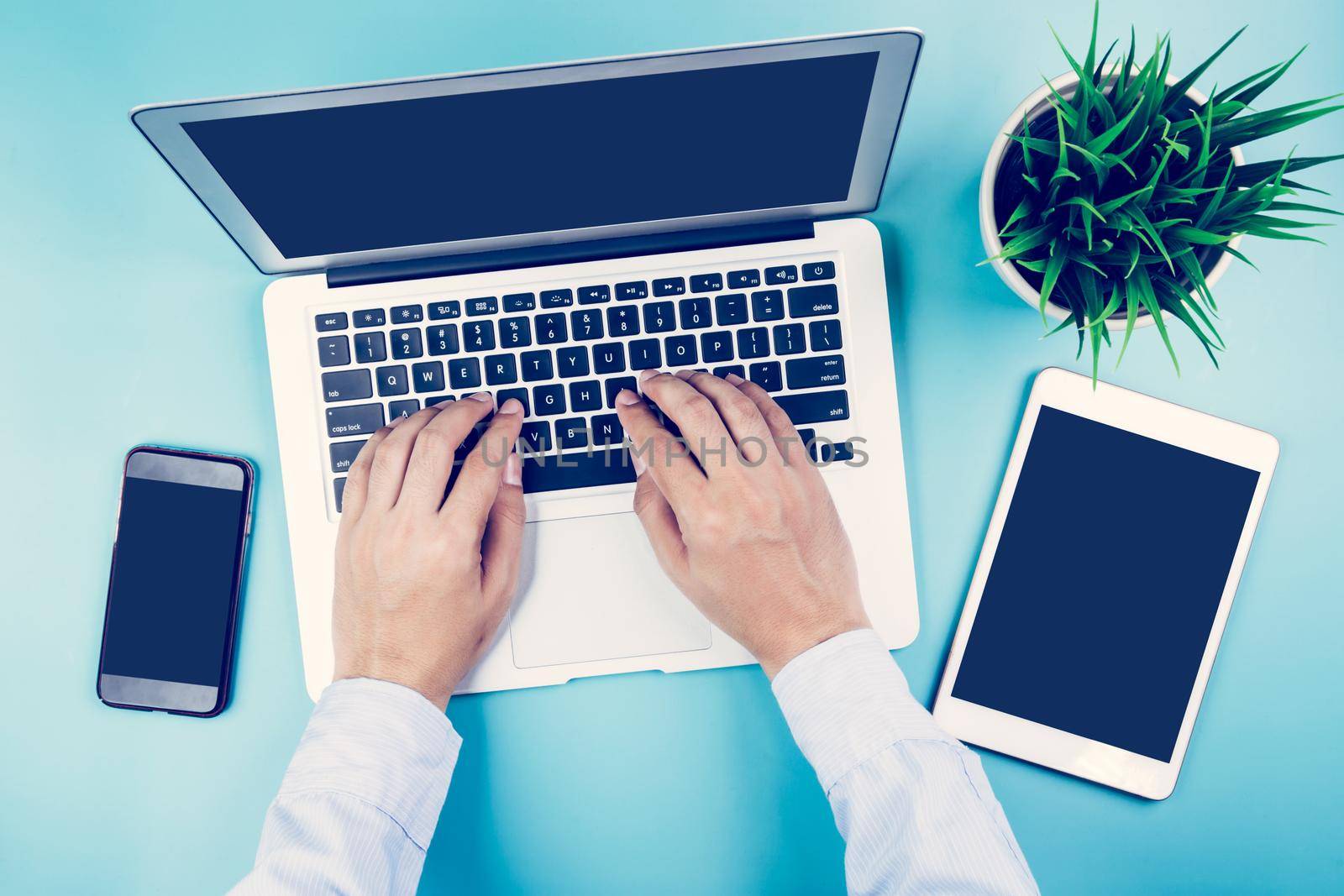 Hand of businessman working on laptop computer with plant and tablet and phone on desk in office, hand typing keyboard on notebook and workplace with copy space, top view, flat lay, business concept.