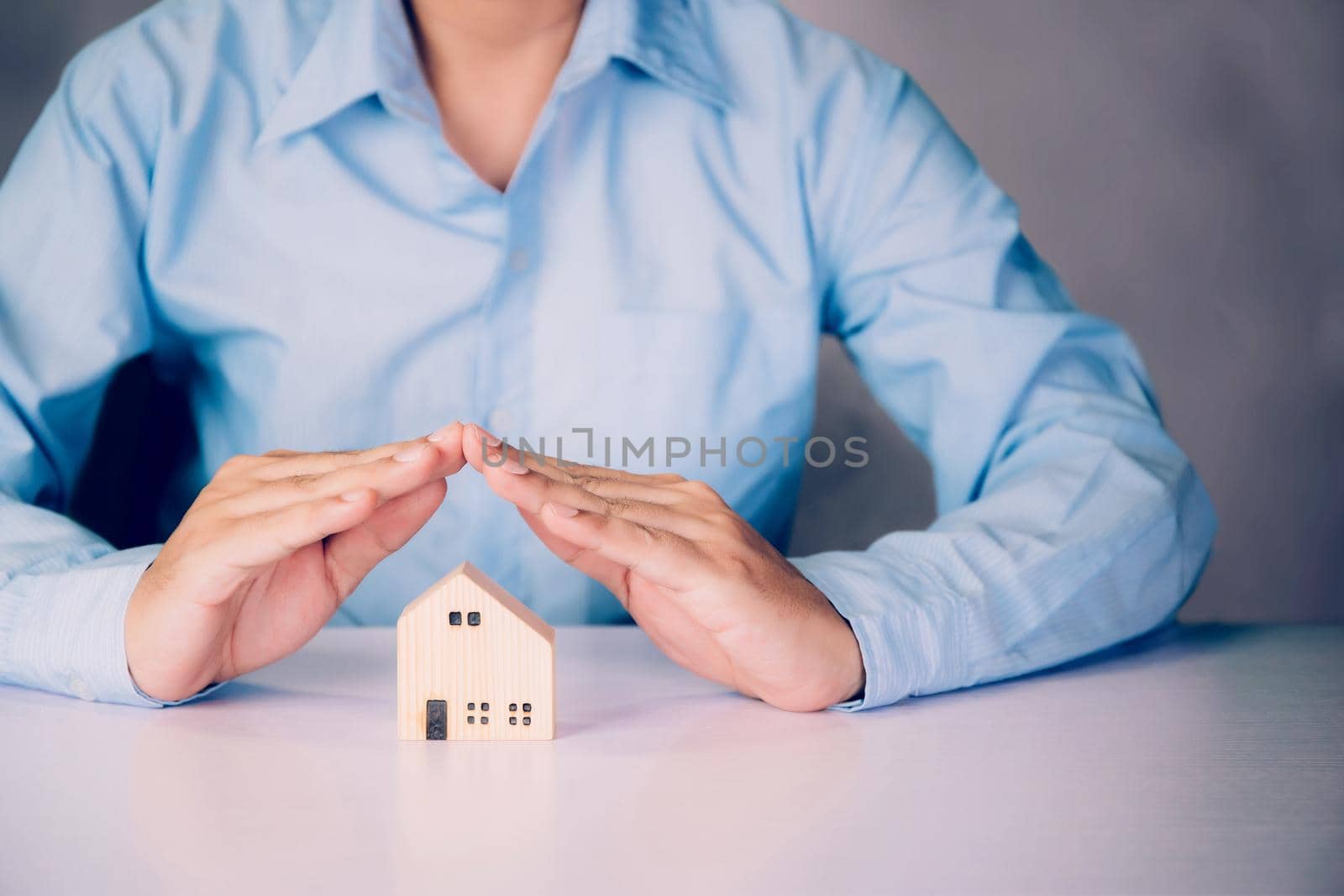Insurance house for security and care, real estate, costs and loan and mortgage, protection of home and advisor with investment in residential, assurance of property for finance, business concept.