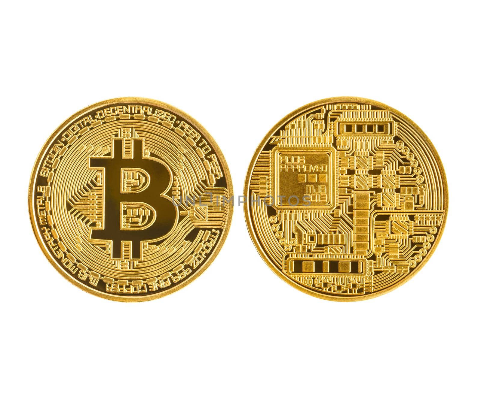 Front and back golden bitcoin symbol isolated on white background