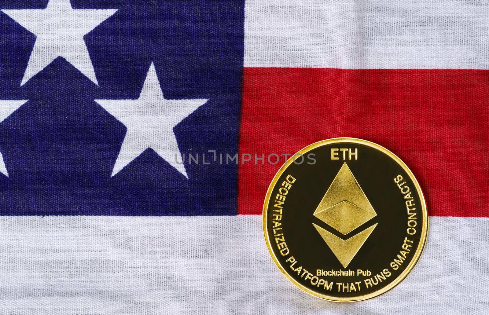 Crypto currency concept. Gold Ethereum coin on flag of United States of America USA
