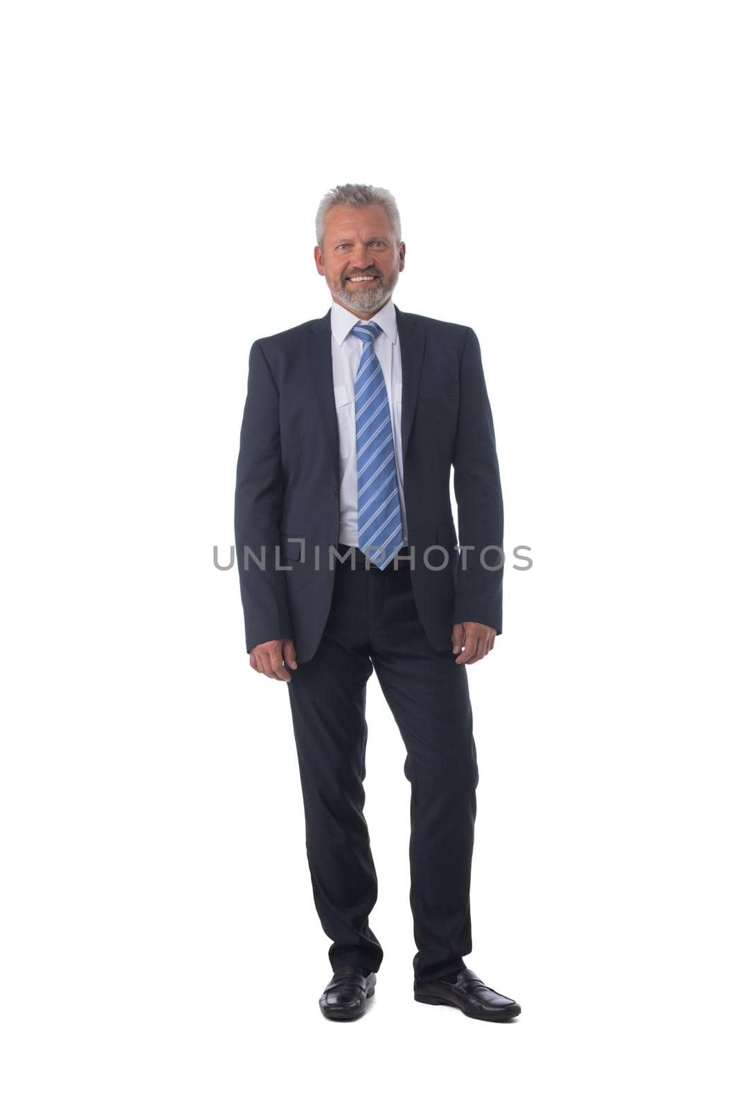 Full length portrait of confident male senior business man worker isolated on white background