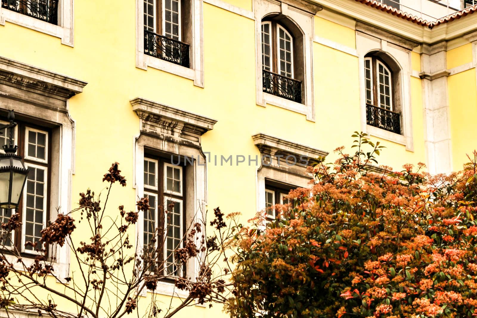 Narrow and colorful streets, majestic facades, windows and balconies of Lisbon, Portugal