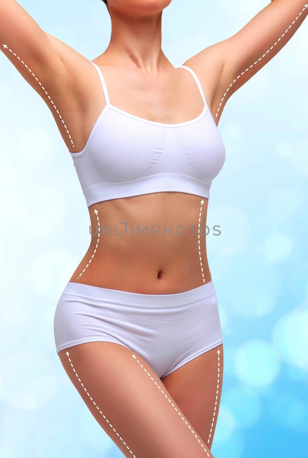 Dotted lines on beautiful female body. Closeup of woman slim fit body with white marks by Nobilior