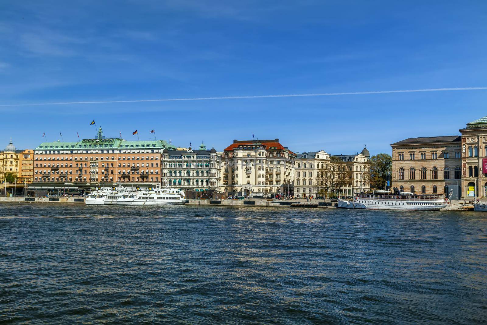 View of embankment in central Stockholm with Grand hotel, Sweden