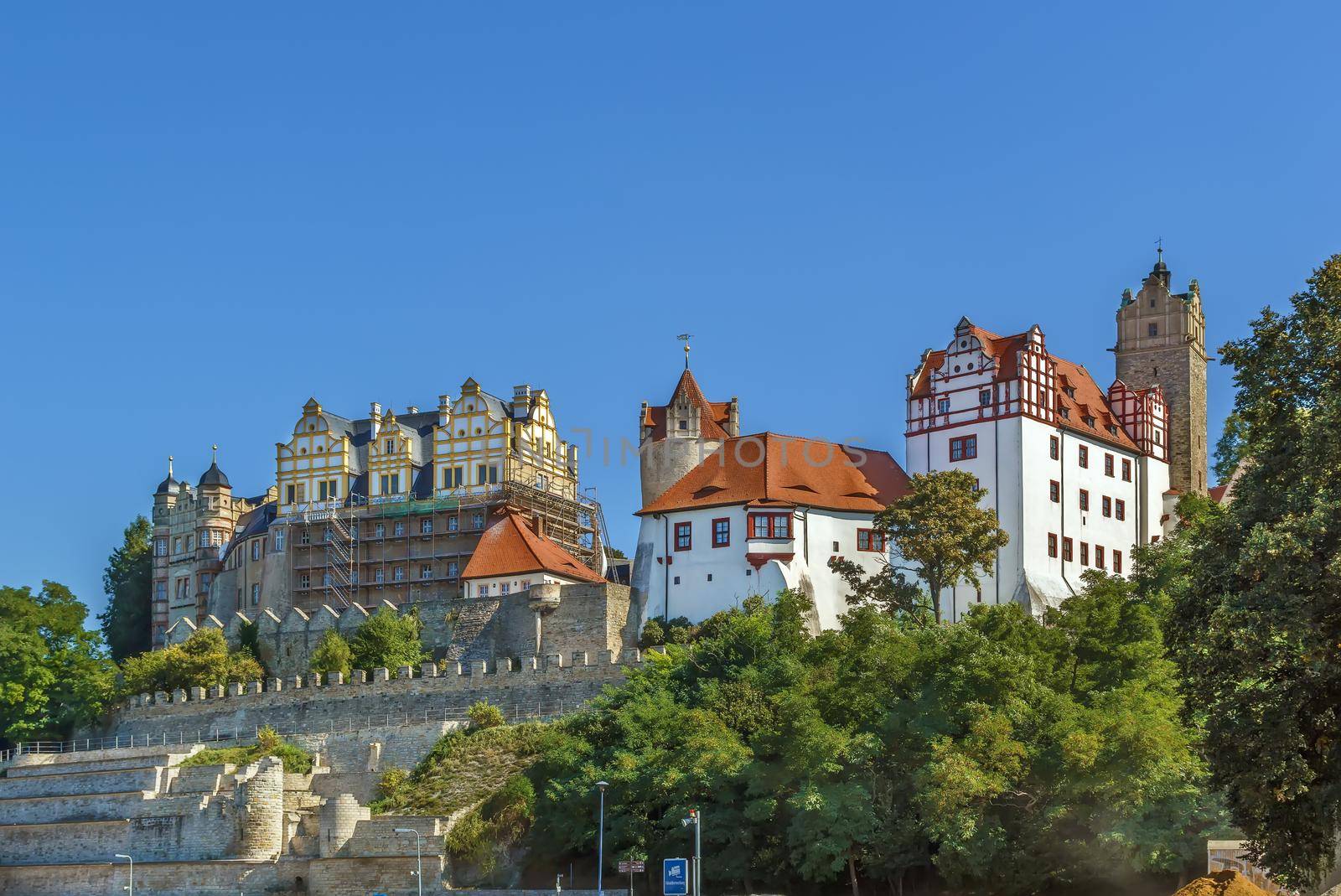 View of Renaissance castle from Saale river in Bernburg, Germany