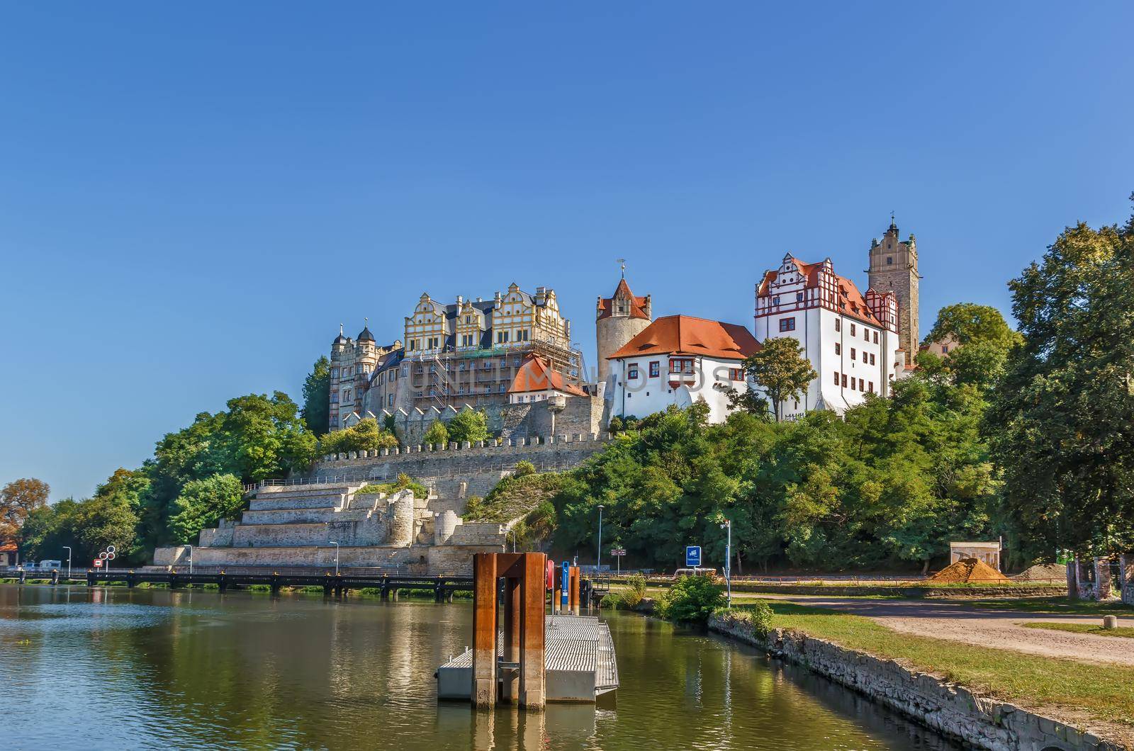 View of Renaissance castle from Saale river in Bernburg, Germany