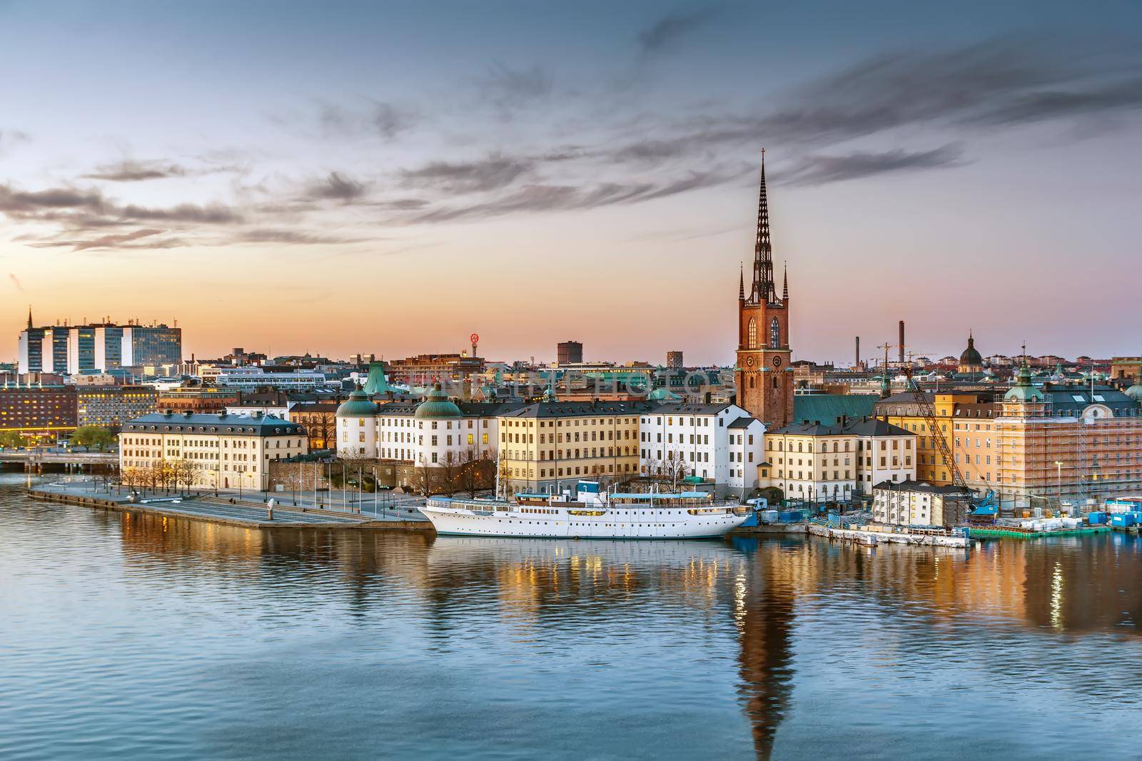 View of Riddarholmen from the Sodermalm island on sunset in Stockholm, Sweden