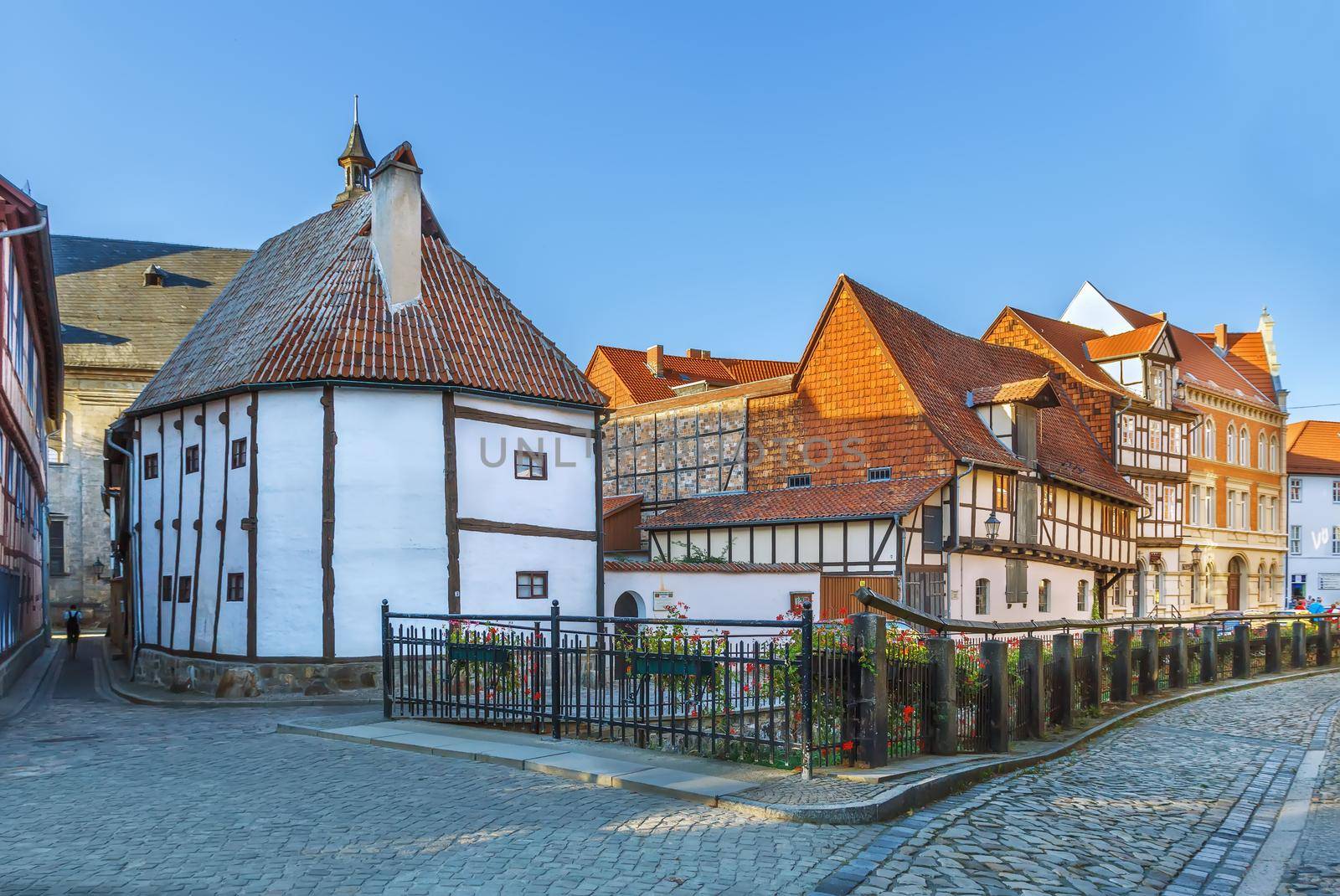 Sstreet with historical half-timbered houses in Quedlinburg, Germany