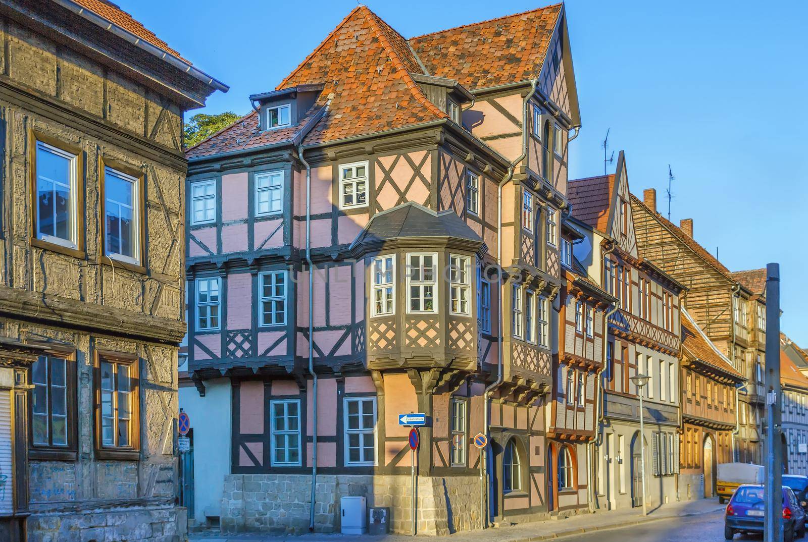 Sstreet with historical half-timbered houses in Quedlinburg, Germany