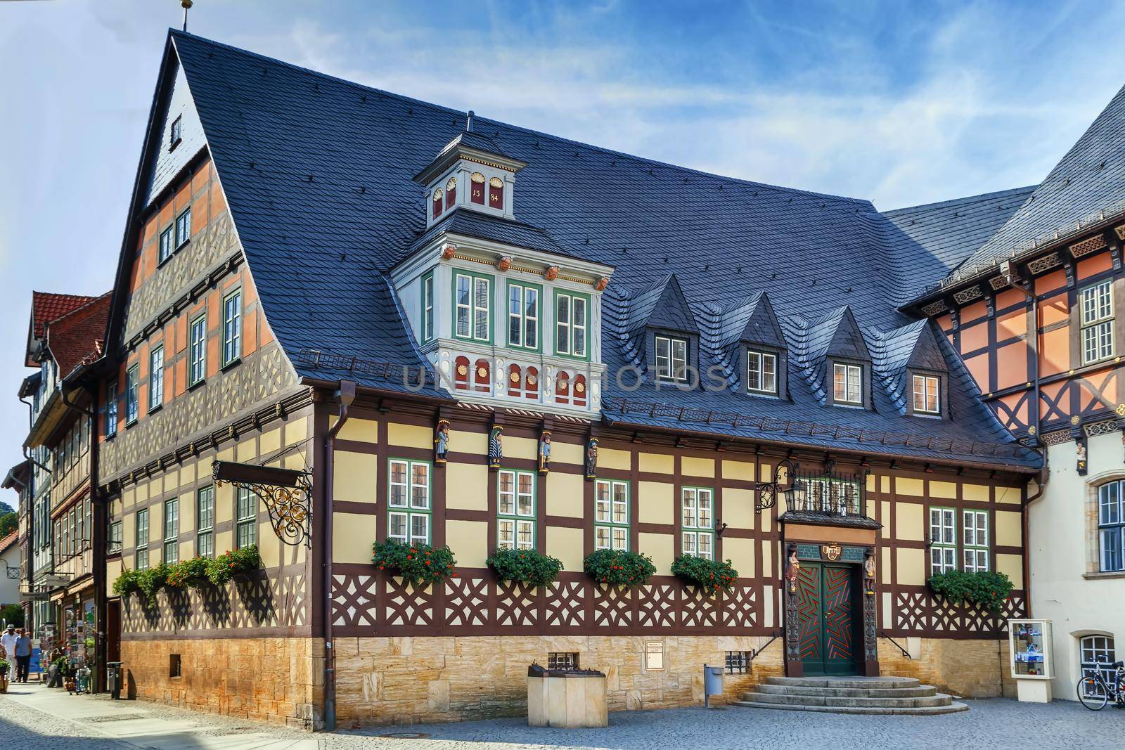 Street with historical houses in the downtown of Vernigerode, Germany