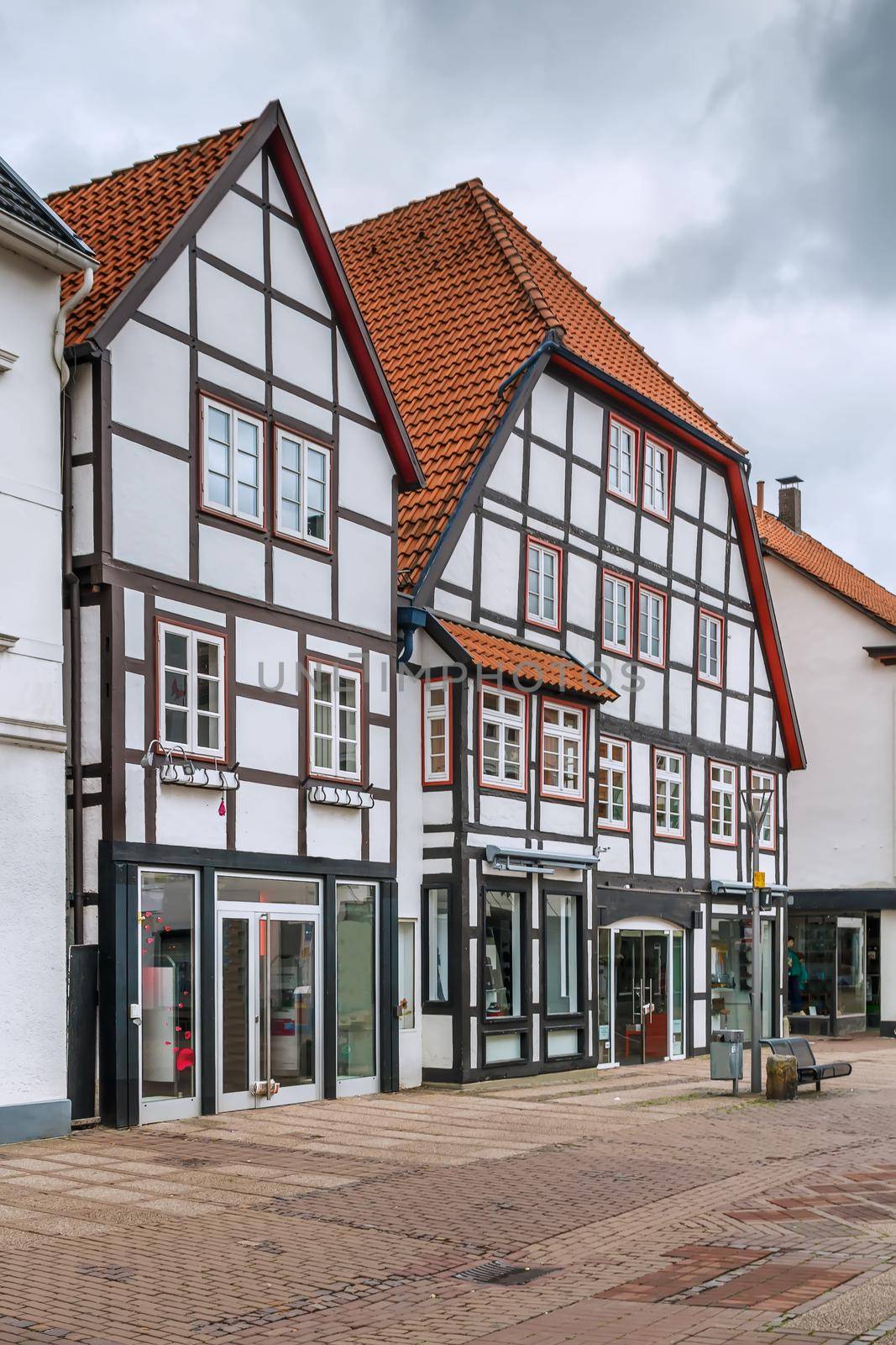 Street with historical half-timbered houses in the old city of Paderborn, Germany