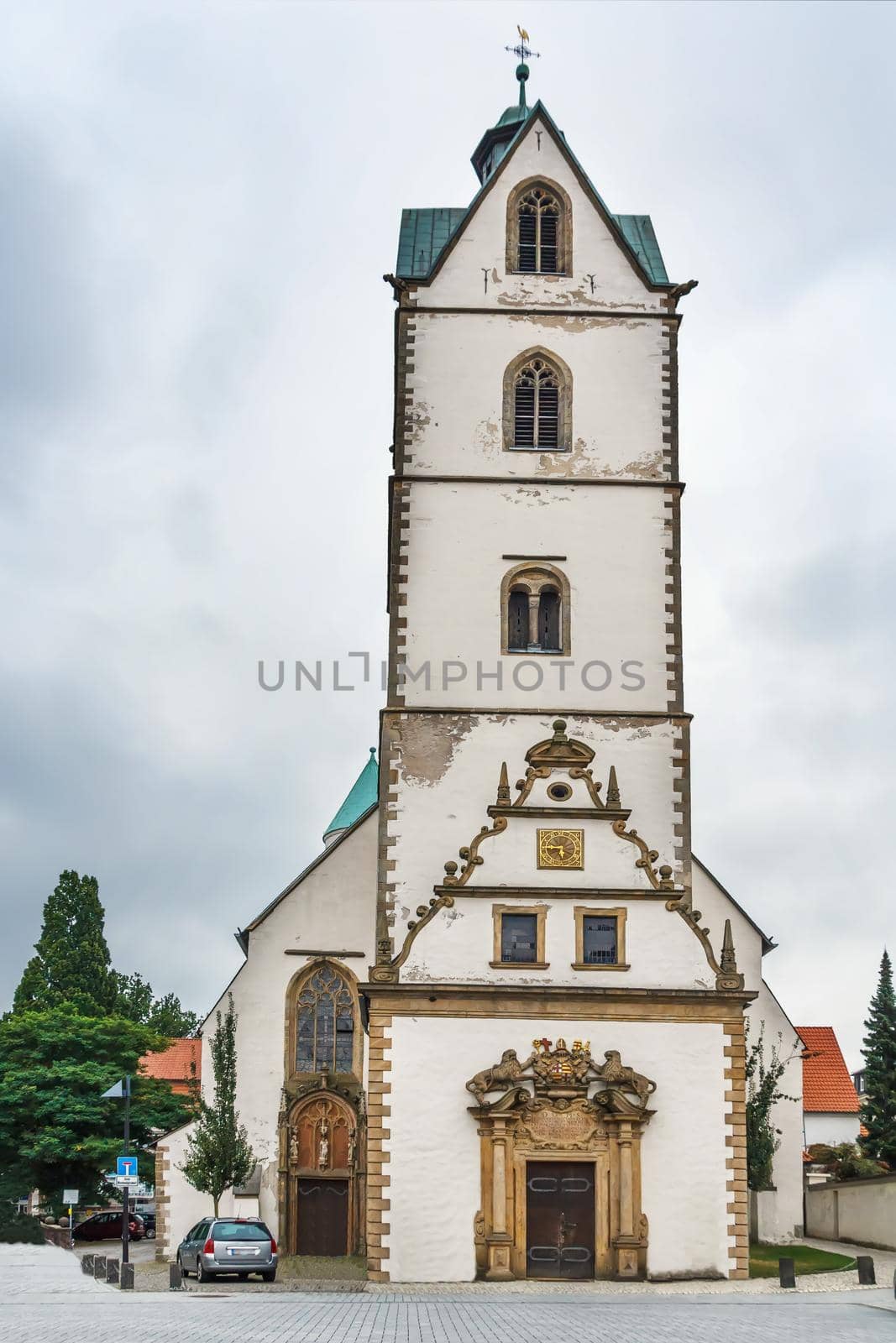 Facade of Busdorf church in Paderborn city center, Germany