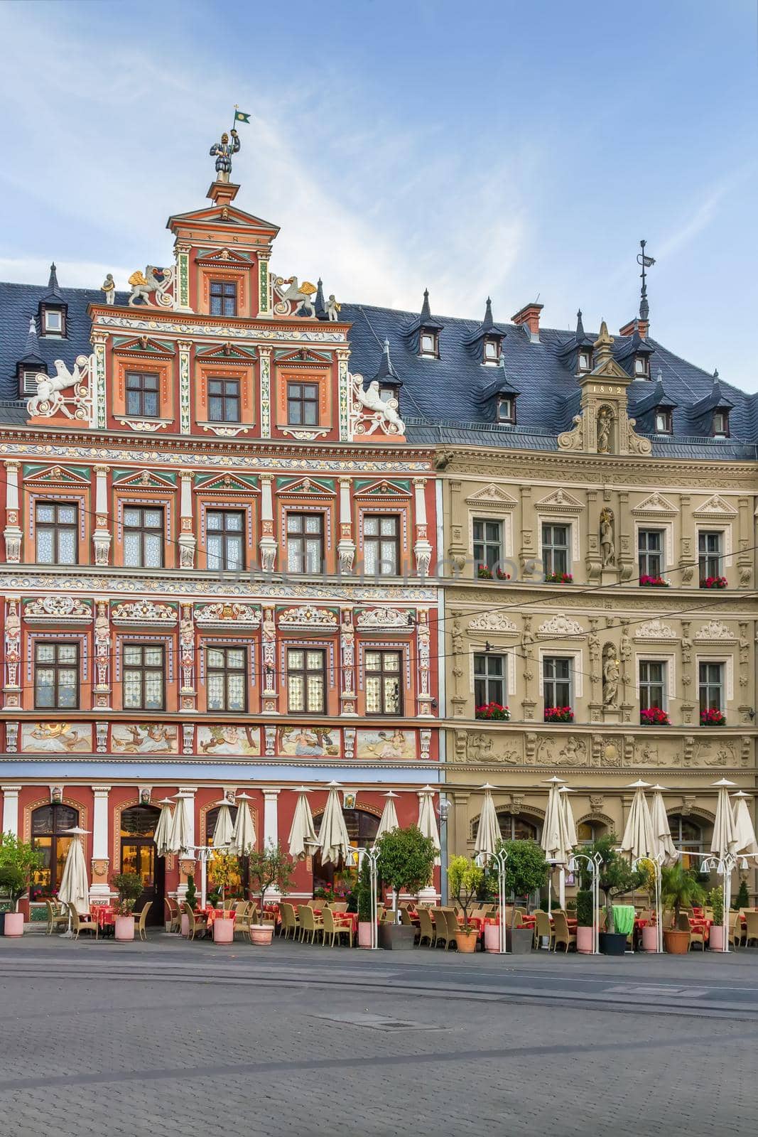 Picturesque houses in the Renaissance style on the Fischmarkt square in Erfurt, Germany