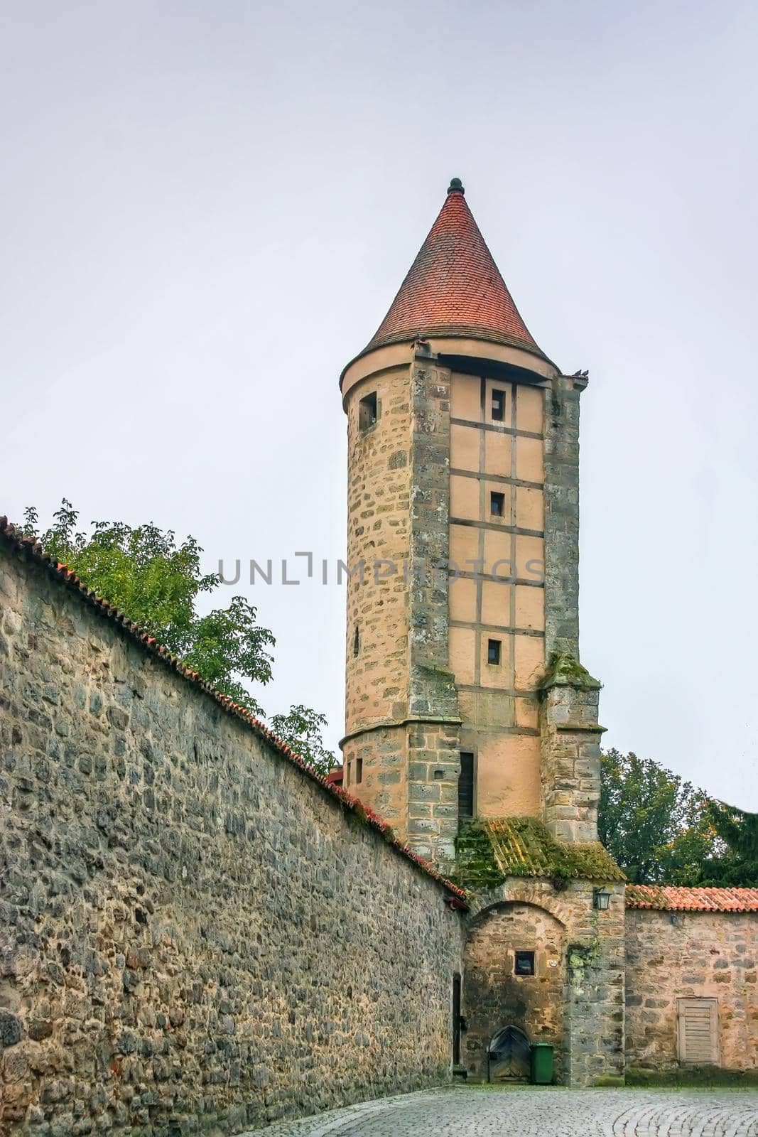 Wall and tower in old city wall around Dinkelsbuhl, Bavaria, Germany