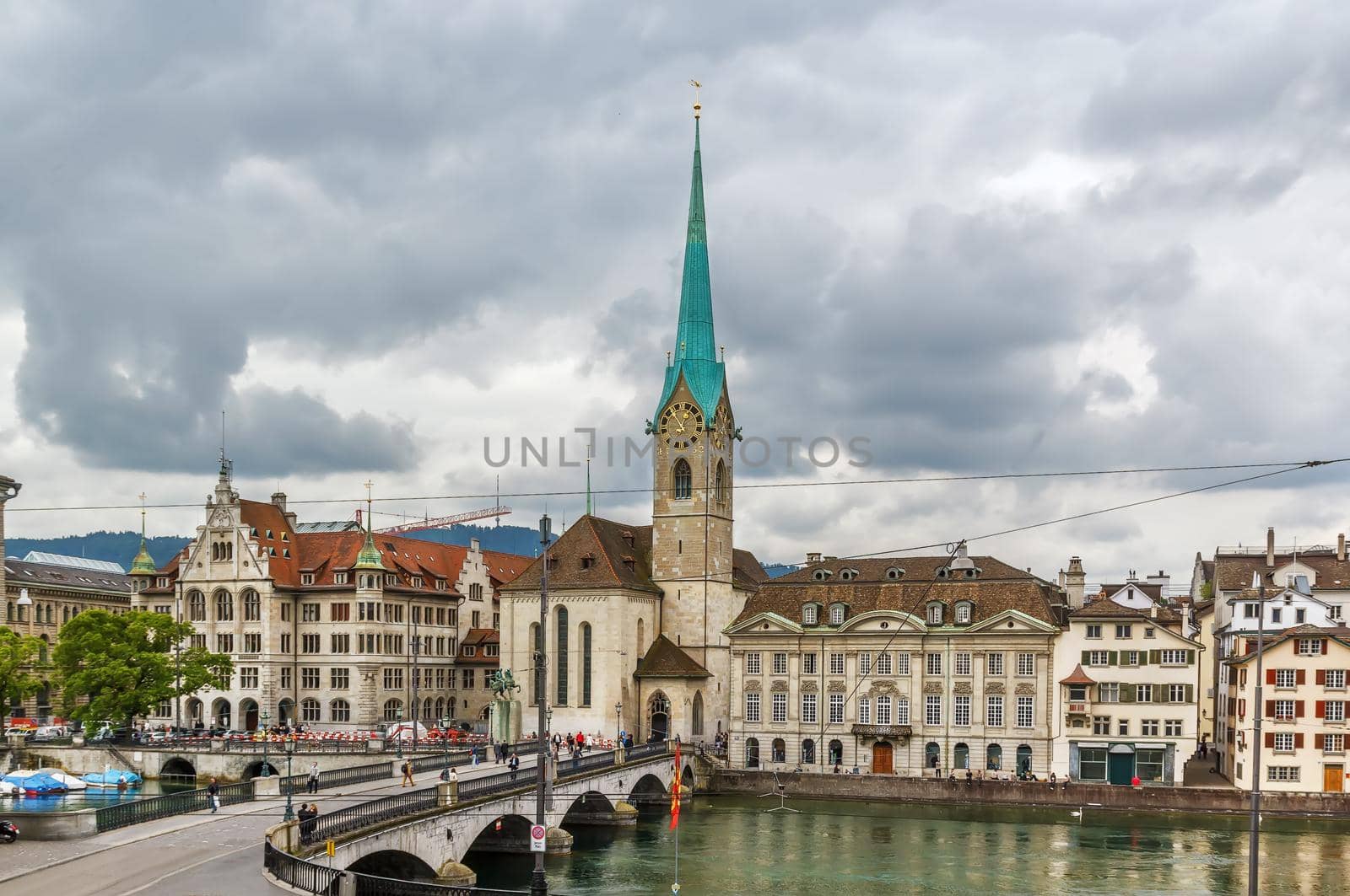 View of Limmat river with  Fraumunster church in Zurich, Switzerland