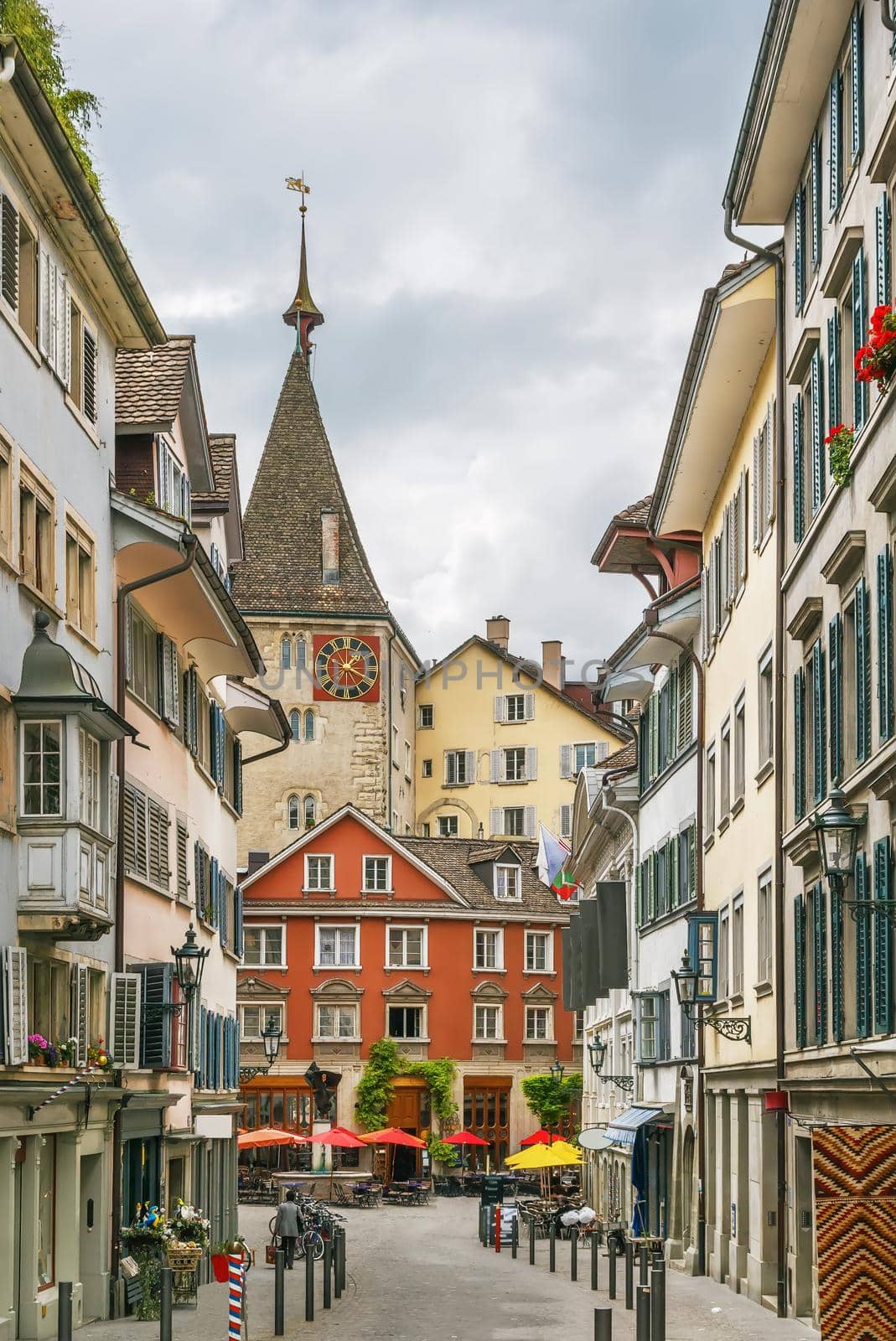 Street with historic houses in Zurich city center, Switzerland