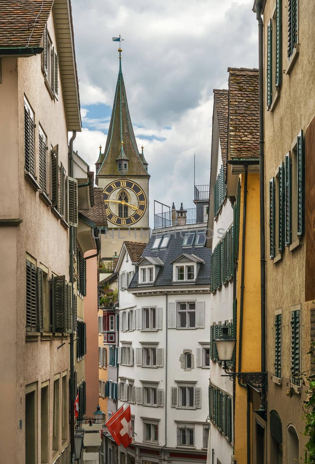 Street with historic houses in Zurich city center, Switzerland