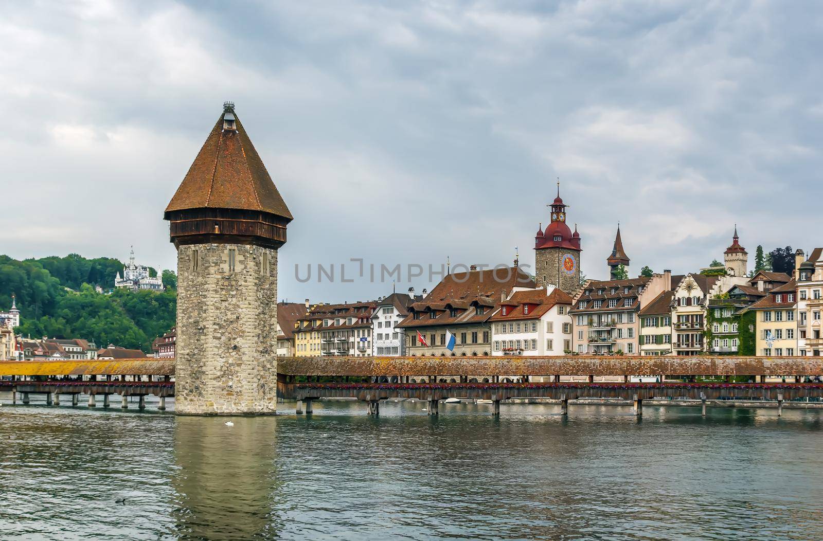 Kapellbrucke (Chapel Bridge) is a covered wooden footbridge spanning diagonally across the Reuss River in the city of Lucerne, Switzerland