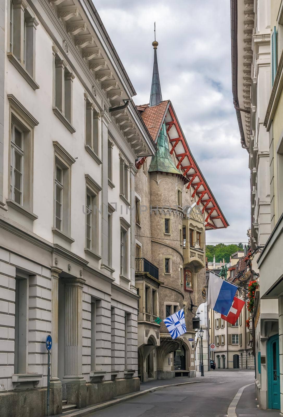 Street with historical houses in Lucerne city center, Switzerland